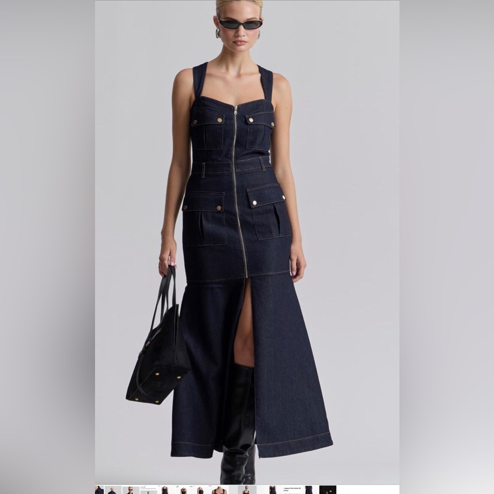 Avec Les Filles Dark Indigo Denim Flare Wide-Leg Jeans Dress